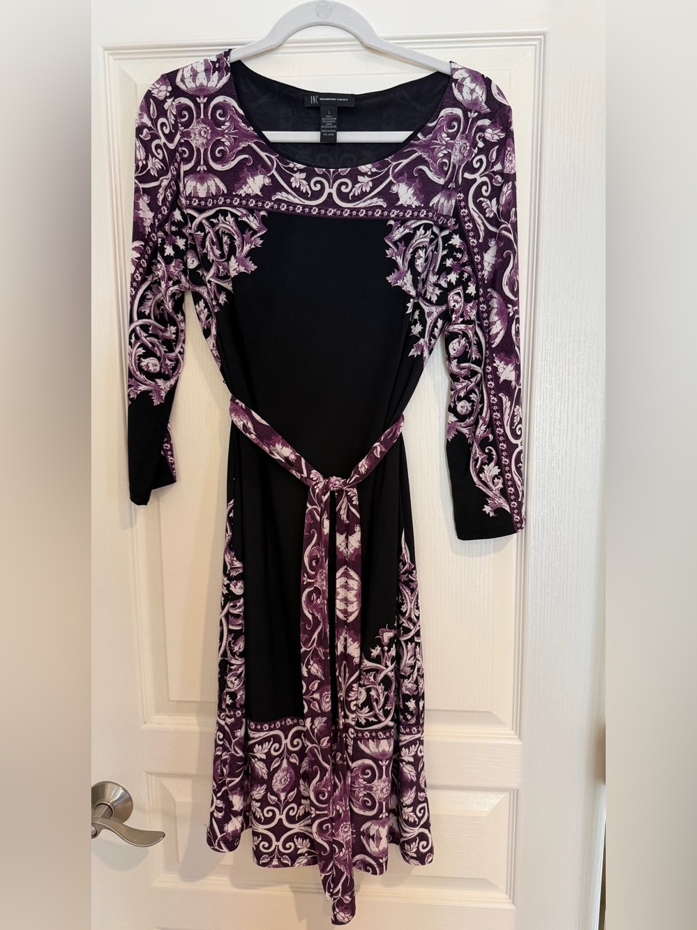 INC International Concepts Black and Purple Paisley Belted Midi Dress